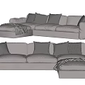 Modern Light Gray Sectional Sofa with Multiple Cushions and Plaid Blanket 3d model