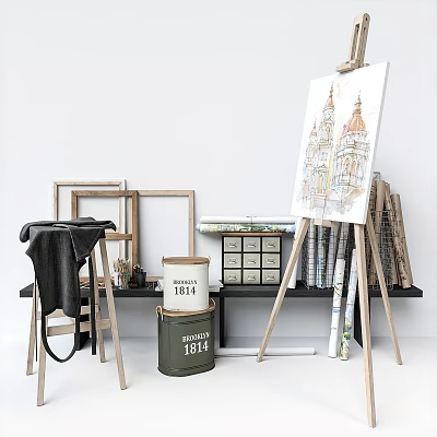 Art Supplies Studio Setup With Easel Canvas Frames Paint Tubes And Brushes 3d model
