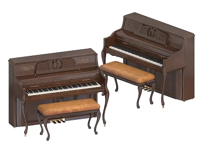 Classic Brown Upright Pianos With Intricate Carvings And Matching Stools As Musical Instruments 3d model