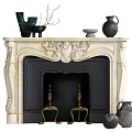 Classic Carved White Stone Fireplace With Mantel Decor And Brass Fire Irons