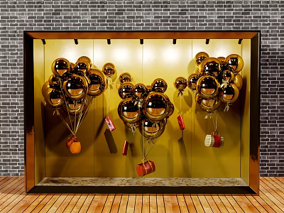 Elegant Window Display With Gold Balloons Red Gift Boxes Brick Wall And Wooden Floor 3d model