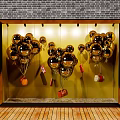 Elegant Window Display With Gold Balloons Red Gift Boxes Brick Wall And Wooden Floor