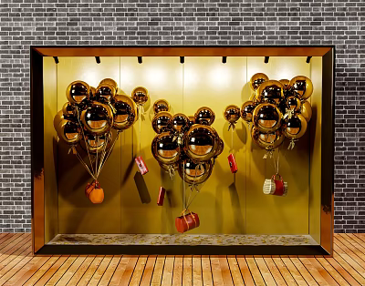Elegant Window Display With Gold Balloons Red Gift Boxes Brick Wall And Wooden Floor 3d model