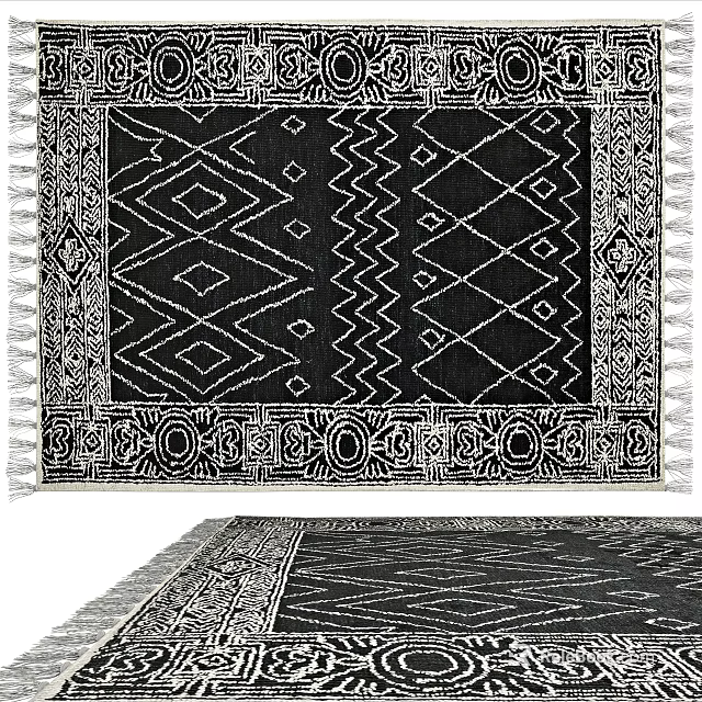 Decorative Square Carpet With Black And White Geometric Patterns And Tassel Edges 3d model