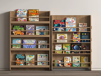 Two Wooden Bookcases With Multiple Shelves Filled With Colorful STEM Sticker And Children Books 3d model