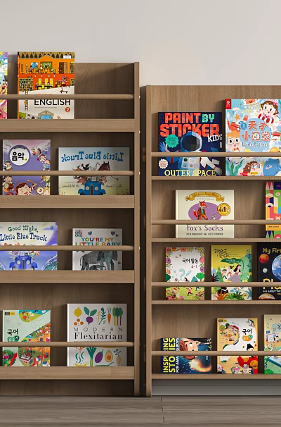 Two Wooden Bookcases With Multiple Shelves Filled With Colorful STEM Sticker And Children Books 3d model