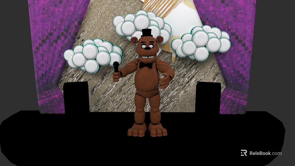 Brown Bear Character Wearing Top Hat Holding Microphone With White Balloons And Purple Curtain 3d model 