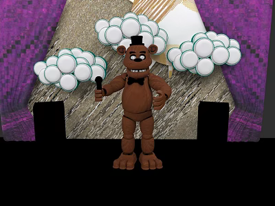 Brown Bear Character Wearing Top Hat Holding Microphone With White Balloons And Purple Curtain 3d model