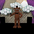 Brown Bear Character Wearing Top Hat Holding Microphone With White Balloons And Purple Curtain