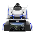 Modern Racing Simulator With Blue Accents Steering Wheel Seat And Display Screen
