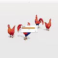 Red And Blue Chicken Rooster Figurines Standing On White Background