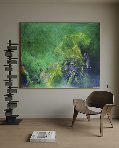 Green Dominated Abstract Painting With Vibrant Hues Black Multi Layered Bookshelf And Brown Wooden Chair 3d model