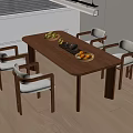 Modern Wooden Dining Table With Upholstered Chairs And Fruit Bowls In Bright Room