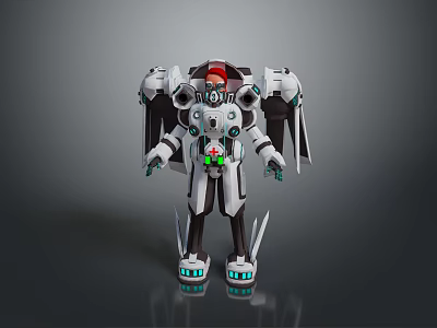 White And Gray Mech Game And Movie Character With Red Head And Glowing Green Accents 3d model
