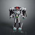 White And Gray Mech Game And Movie Character With Red Head And Glowing Green Accents