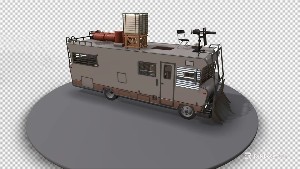 Camper Van With Gray Brown Exterior Rooftop Storage Rack Water Tank And Equipment 3d model 