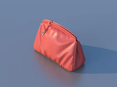 Stylish Red Leather Cosmetic Bag with Shiny Surface and Zipper on Blue Background 3d model