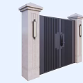 Building Exterior Wall With Black Vertical Striped Gate And Stone Pillars With Lamps