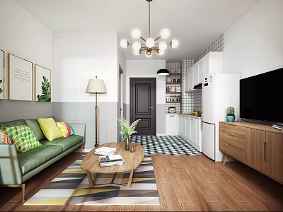 Modern Living Room Interior With Green Sofa Colorful Pillows Wooden Coffee Table And Open Kitchen 3d model