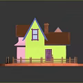 Miniature House Featuring Yellow Pink Walls Brown Roof Street Lamp Wooden Fence and Circular Platform