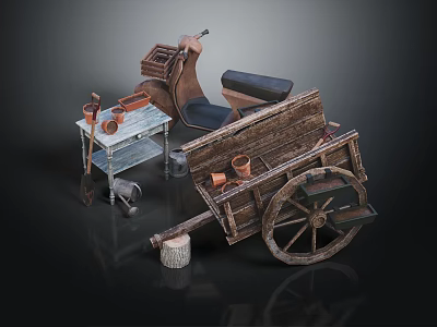 Vintage Wooden Cart With Clay Pots Small Table And Tools In Rustic Style 3d model