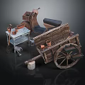 Vintage Wooden Cart With Clay Pots Small Table And Tools In Rustic Style