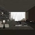 Modern Living Room Interior With Large Windows Bookshelves Sofa And Fireplace