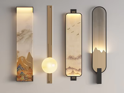 Modern Chinese Style Wall Lamps With Landscape Painting Wooden Metal Frame And Soft Lighting 3d model