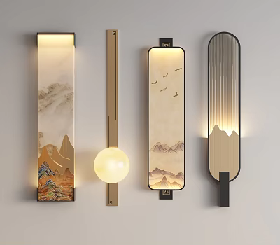 Modern Chinese Style Wall Lamps With Landscape Painting Wooden Metal Frame And Soft Lighting 3d model