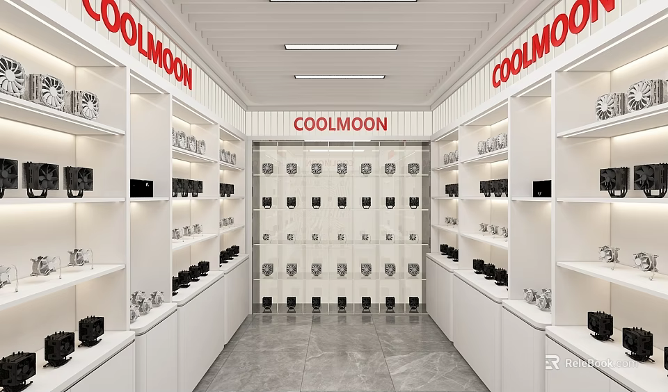 Modern COOLMOON Store Interior With White Shelves Central Showcase Wall And Products 3d model 