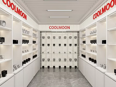 Modern COOLMOON Store Interior With White Shelves Central Showcase Wall And Products 3d model