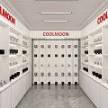 Modern COOLMOON Store Interior With White Shelves Central Showcase Wall And Products