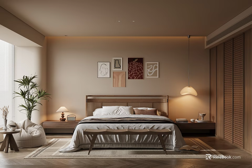 Modern Bedroom Interior with Wooden Bed Wall Art Potted Plant Rug and Bench 3d model 