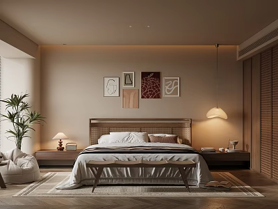 Modern Bedroom Interior with Wooden Bed Wall Art Potted Plant Rug and Bench 3d model
