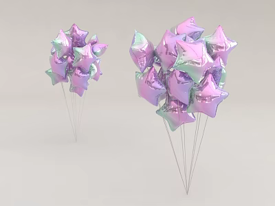 Star Shaped Inflatable Decorations with Pink Purple Green Gradient Metallic Luster Supported by Thin Rods 3d model
