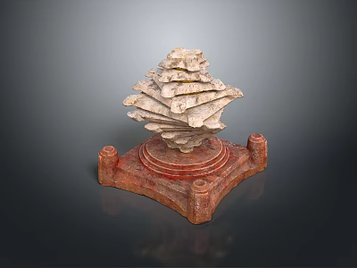Layered Stone Decorative Ornament with Red Wooden Base and Stacked Design 3d model