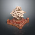 Layered Stone Decorative Ornament with Red Wooden Base and Stacked Design