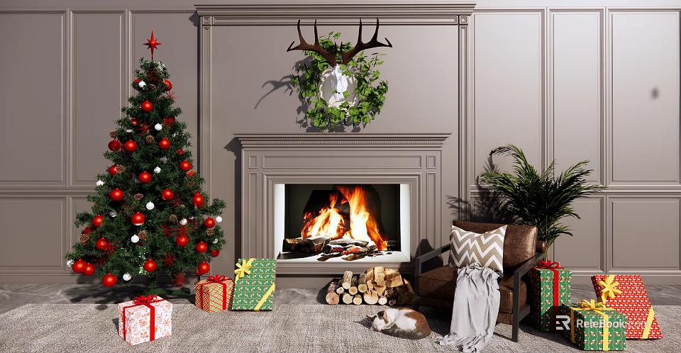 Christmas Fireplace with Burning Fire Deer Head Decoration Christmas Tree Gifts and Sofa 3d model 