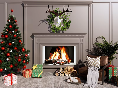 Christmas Fireplace with Burning Fire Deer Head Decoration Christmas Tree Gifts and Sofa 3d model