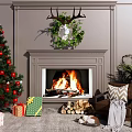 Christmas Fireplace with Burning Fire Deer Head Decoration Christmas Tree Gifts and Sofa