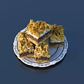 Sweet Dessert Squares With Crumb Topping Marshmallow Layer And Chocolate Base On Patterned Plate