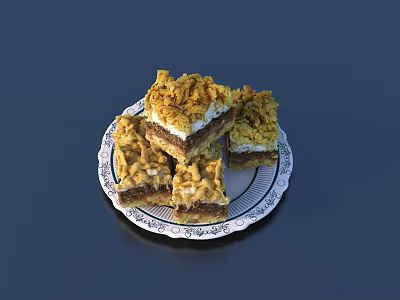 Sweet Dessert Squares With Crumb Topping Marshmallow Layer And Chocolate Base On Patterned Plate 3d model