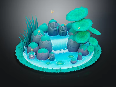 Cartoon Scenic Miniature Landscape With Lily Pads Waterfall Rocky Mushroom Structures And Flying Butterflies 3d model