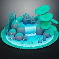 Cartoon Scenic Miniature Landscape With Lily Pads Waterfall Rocky Mushroom Structures And Flying Butterflies