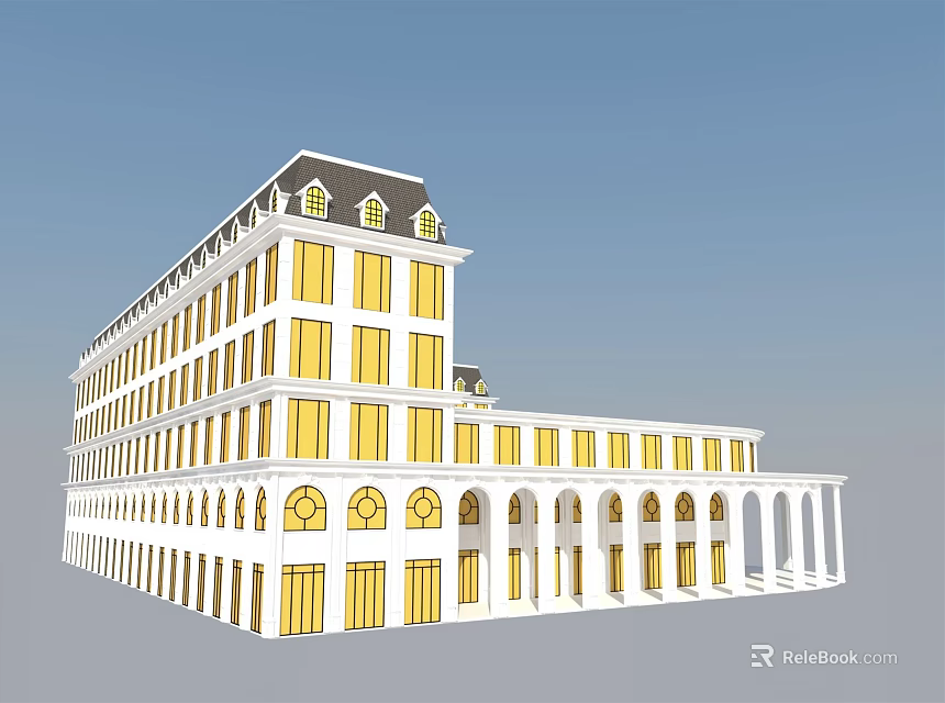 White Building Exterior With Yellow Windows Arched Portico Multiple Floors And Dark Roof 3d model 