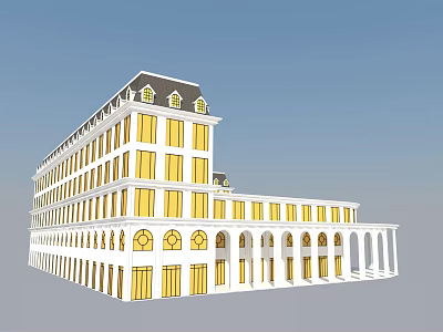 White Building Exterior With Yellow Windows Arched Portico Multiple Floors And Dark Roof 3d model
