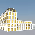 White Building Exterior With Yellow Windows Arched Portico Multiple Floors And Dark Roof