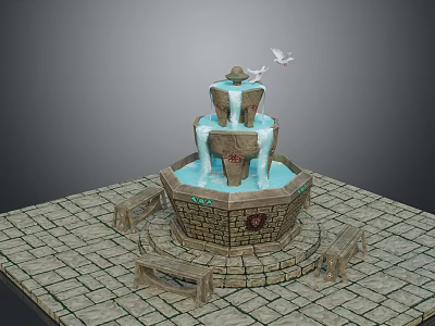 Multi Tiered Stone Fountain With Flowing Water White Doves And Benches On Pavement 3d model