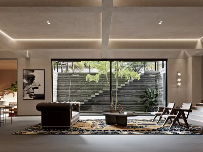 Modern Living Dining Room Interior With Sofa Coffee Table Chairs Large Windows And Green Plants 3d model
