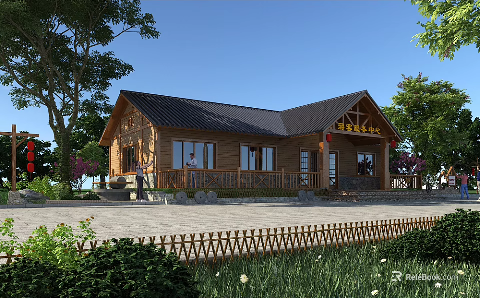 Wooden House with Black Roof Porch and Bamboo Fence Surrounded by Trees 3d model 